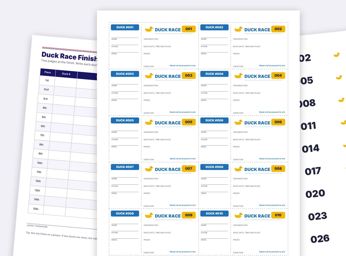 Duck race adoption tickets and duck labels