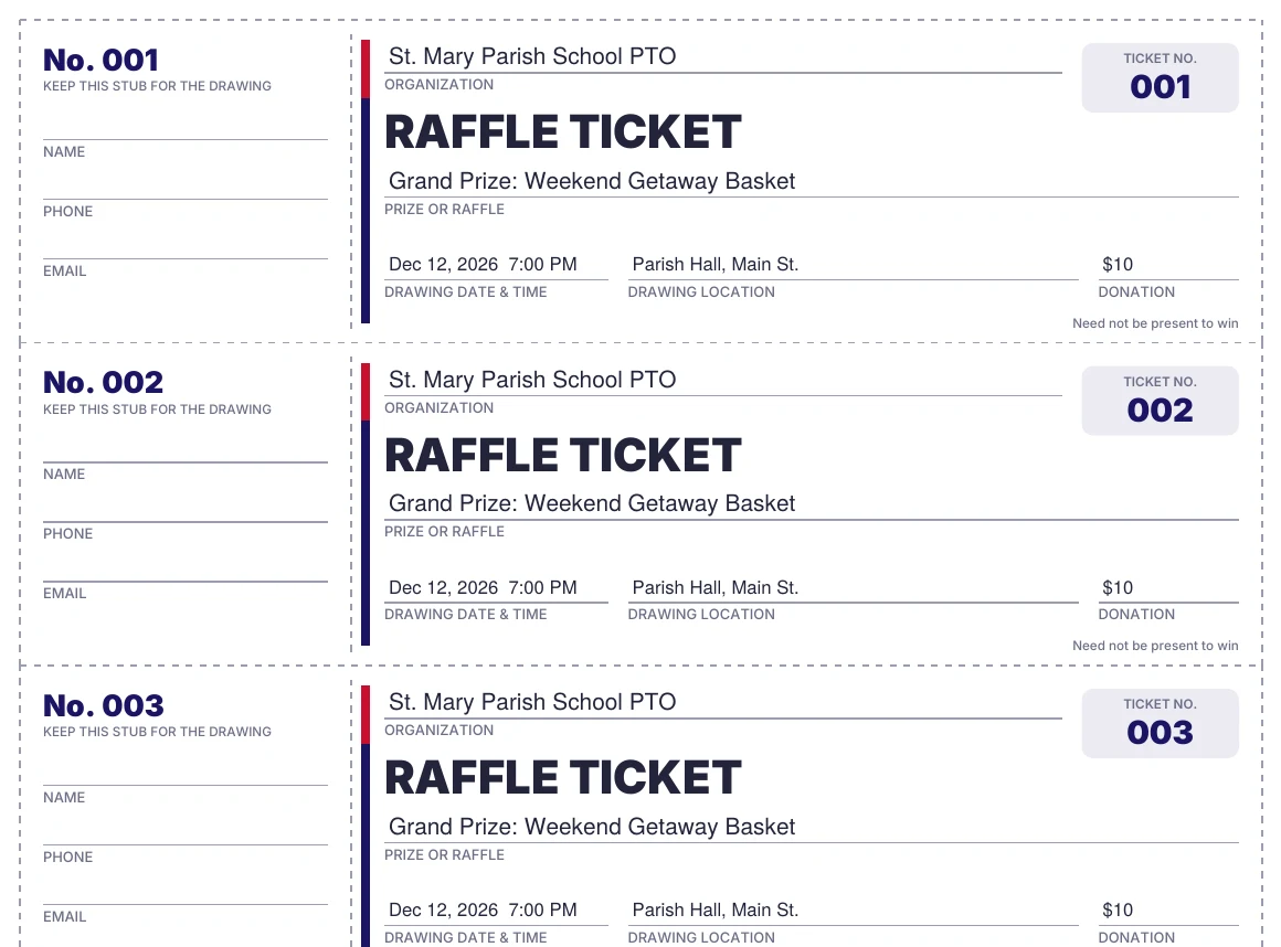 Printable raffle ticket template with tear-off stubs