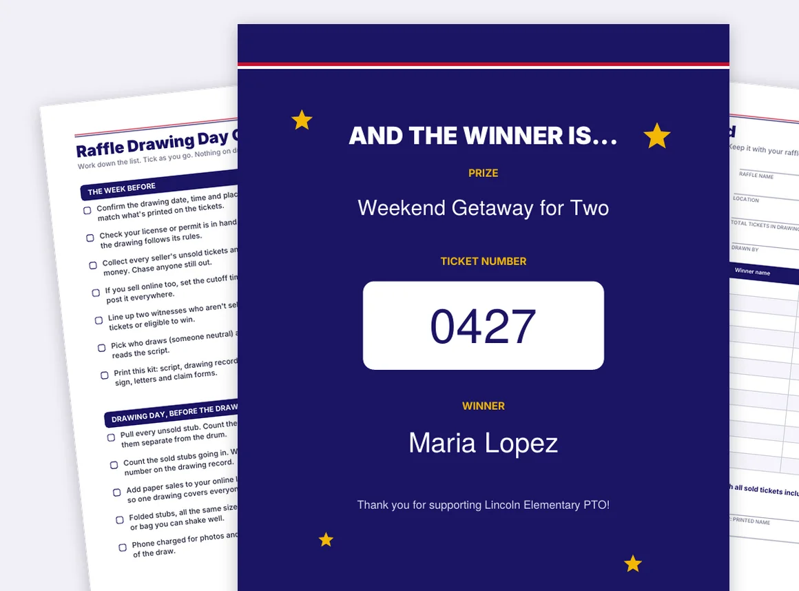 Raffle drawing day kit with winner sign