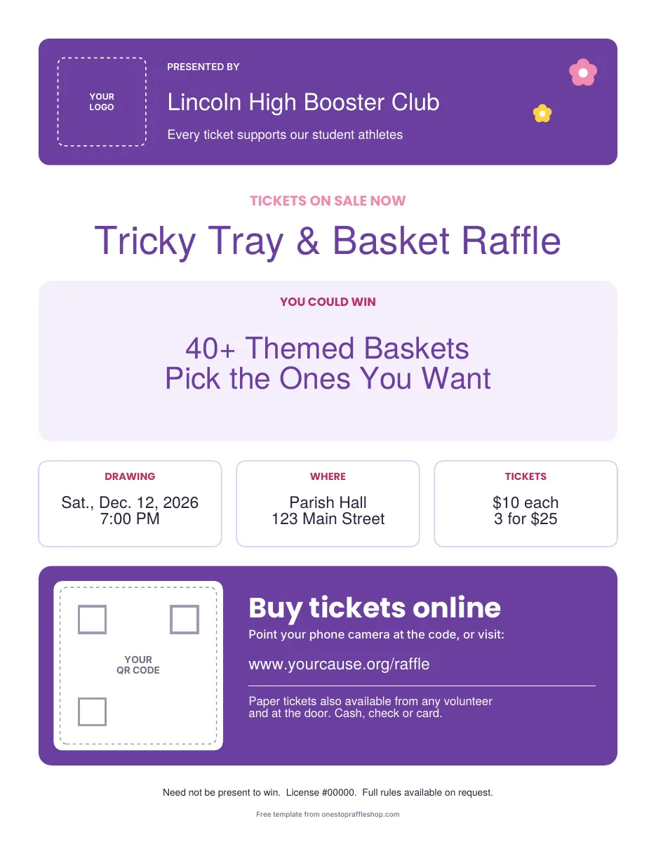Basket raffle and tricky tray flyer template in purple with flowers
