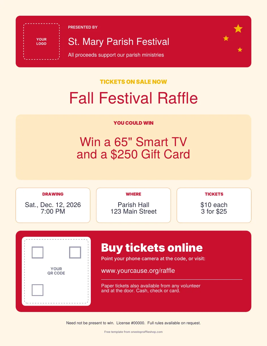 Carnival raffle flyer template in bold red with gold stars
