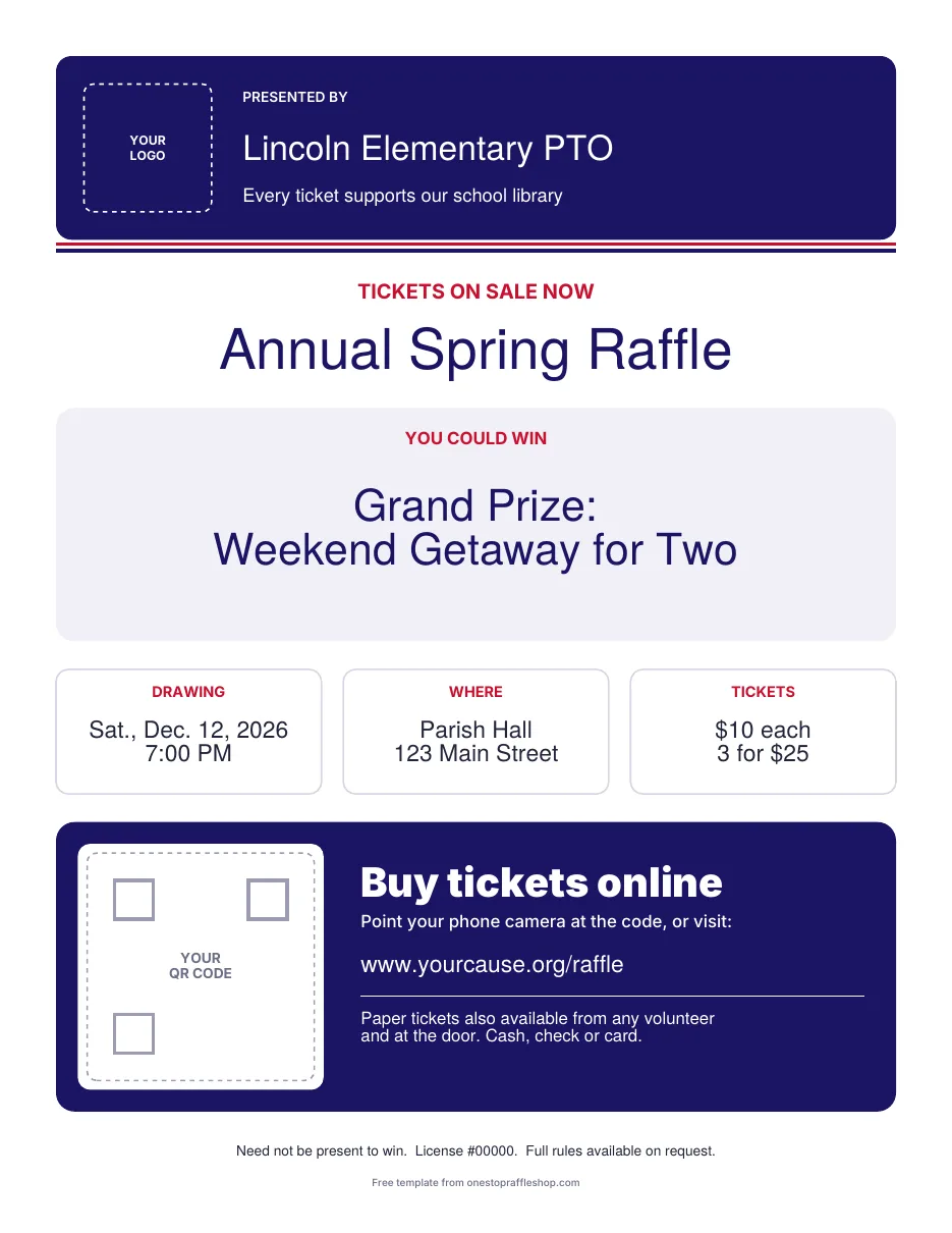 Classic raffle flyer template in navy and red with a QR code spot