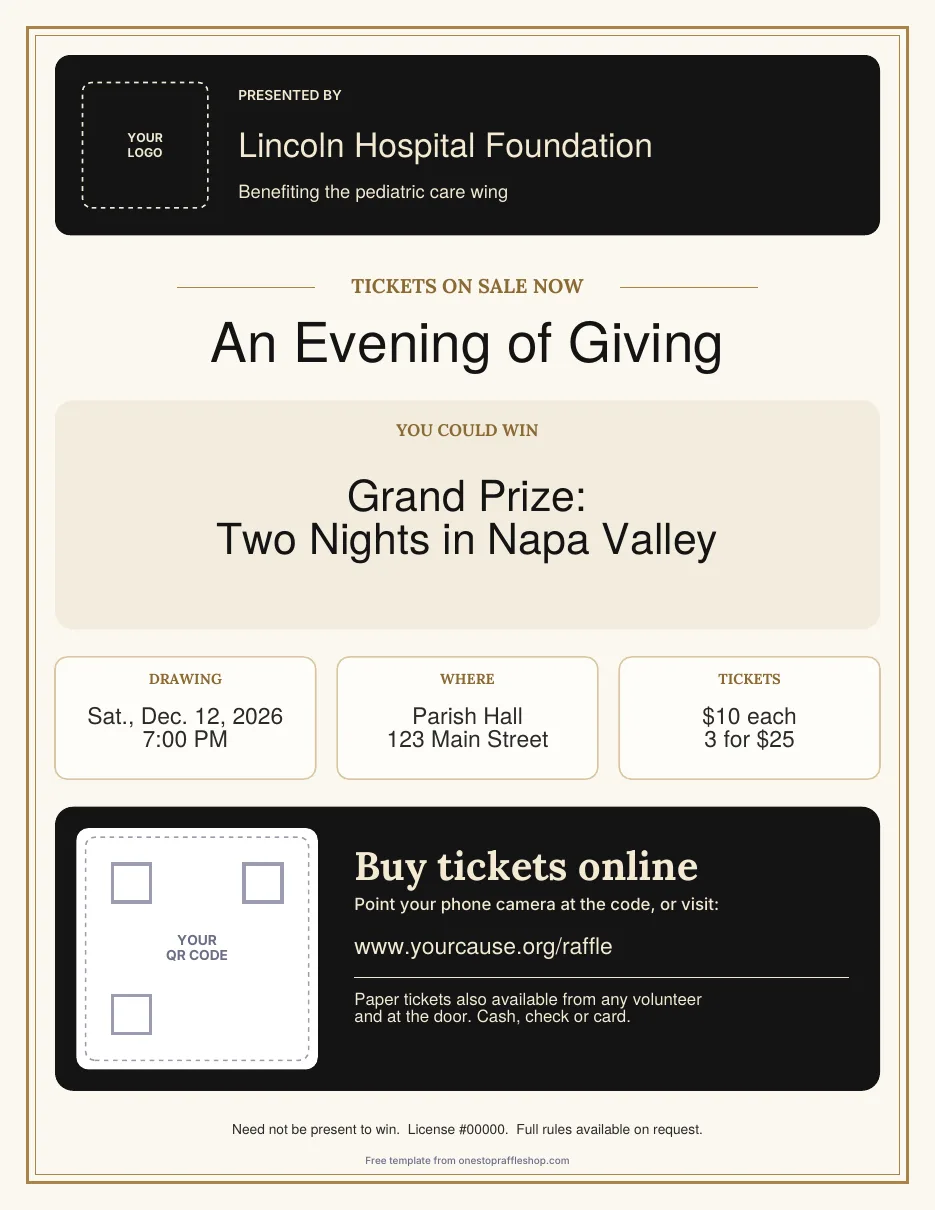 Elegant gala raffle flyer template in black, ivory and antique gold
