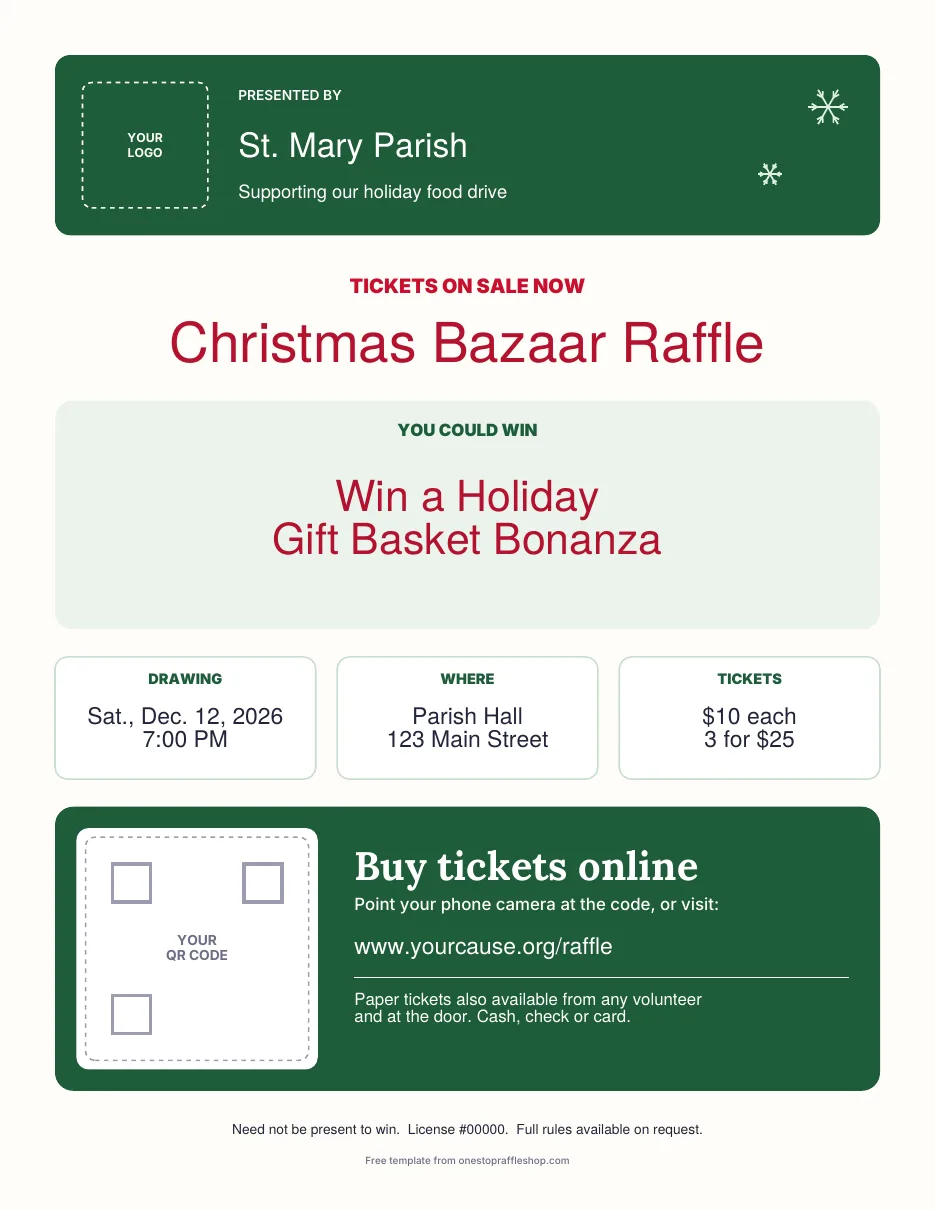 Holiday raffle flyer template in green and red with snowflakes