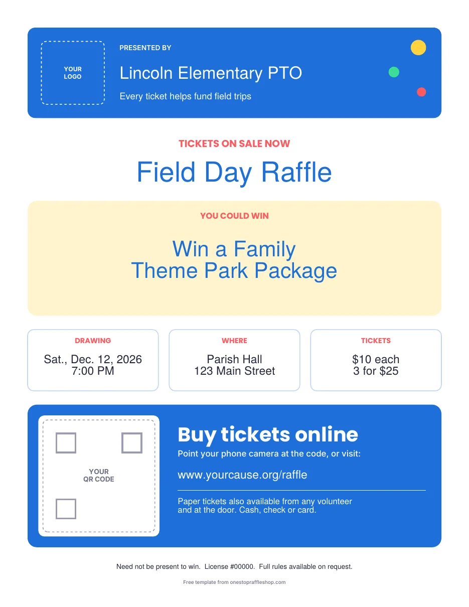 School and PTO raffle flyer template in bright blue with colorful dots