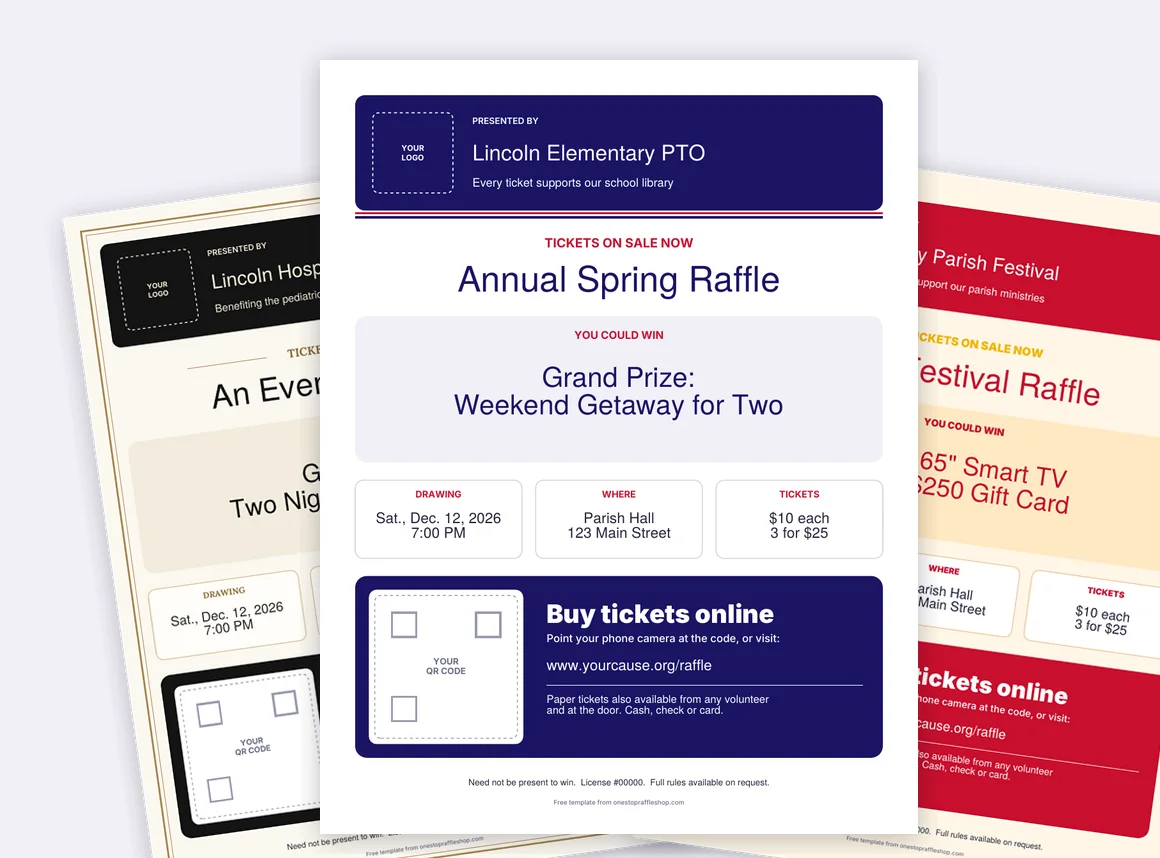 Raffle flyer templates with a QR code spot